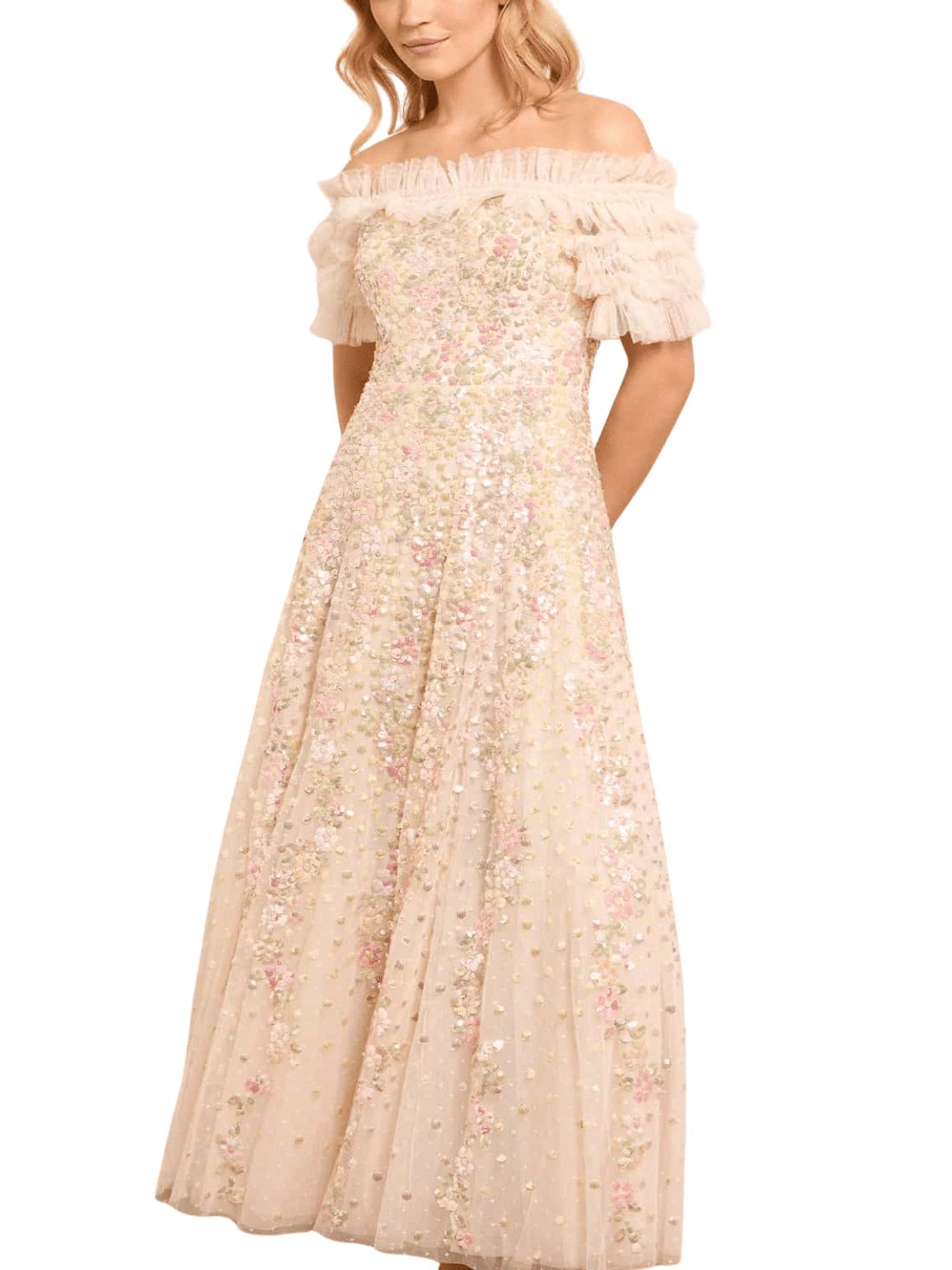 Confetti Ruffle Off - Shoulder Gown Champagne by Needle & Thread - Rental Hong Kong