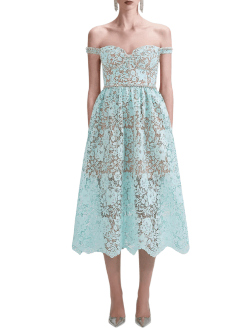 Cord Lace Diamante Midi Dress Blue by Self Portrait - Rental Hong Kong