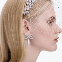 Crystal Bow Pearl Droplet Earrings Silver by Self Portrait - Rental Hong Kong