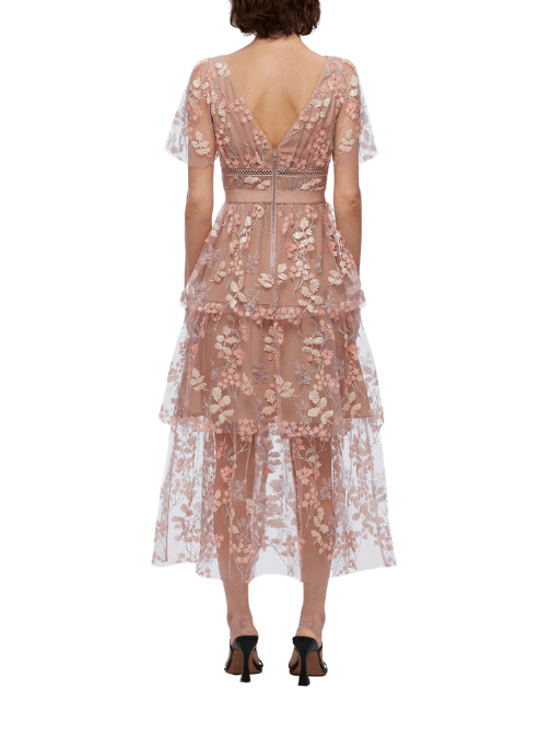 FLOWER MESH TIERED MIDI DRESS Pink by Self Portrait - Rental Hong Kong