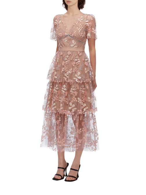 FLOWER MESH TIERED MIDI DRESS Pink by Self Portrait - Rental Hong Kong