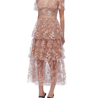 FLOWER MESH TIERED MIDI DRESS Pink by Self Portrait - Rental Hong Kong