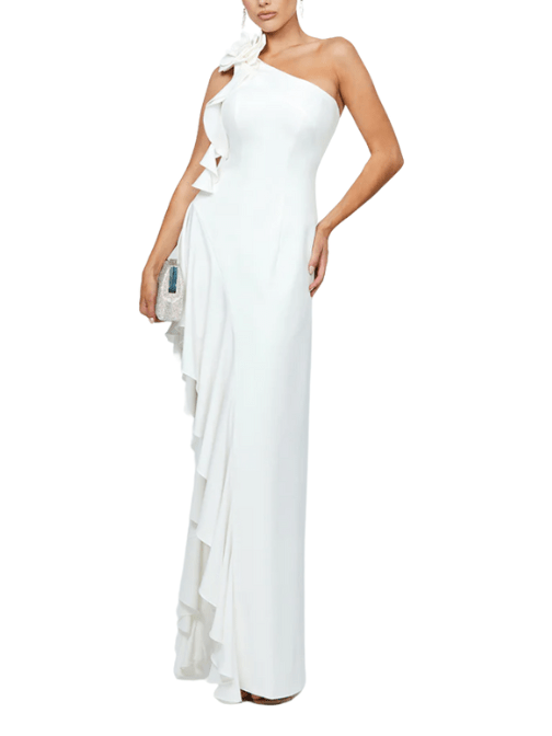 Lattice One Shoulder Rosette Frill Gown White by Bariano - Rental Hong Kong
