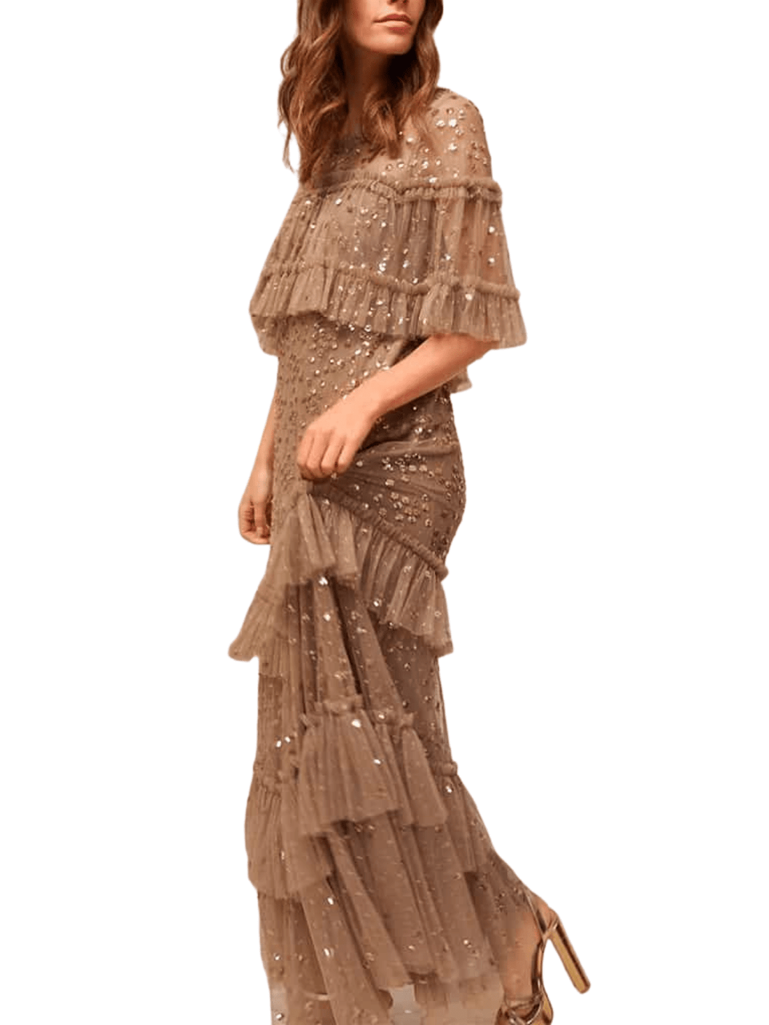 Leila Dot Tiered Cape Ankle Gown Brown by Needle & Thread - Rental Hong Kong