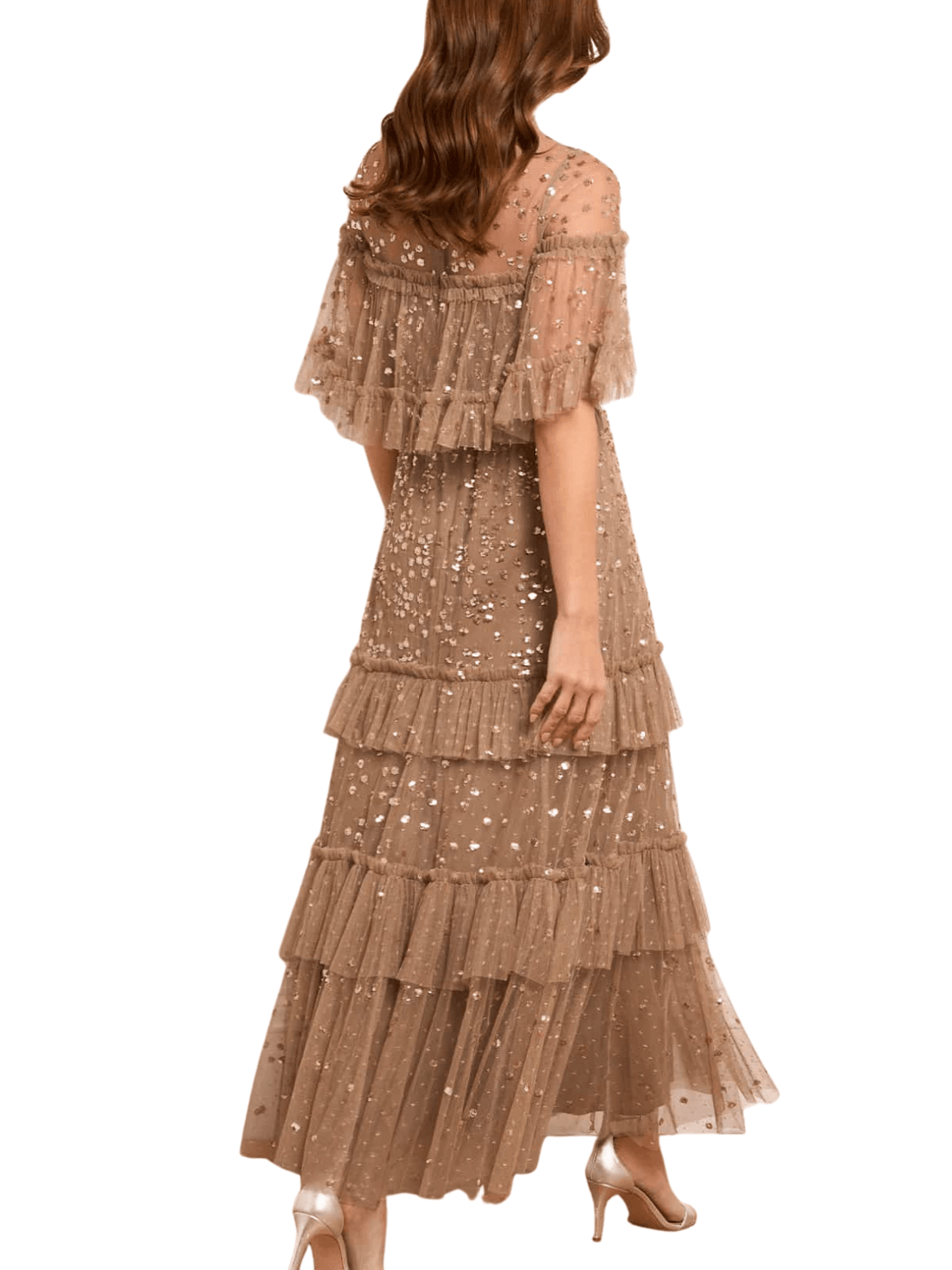 Leila Dot Tiered Cape Ankle Gown Brown by Needle & Thread - Rental Hong Kong