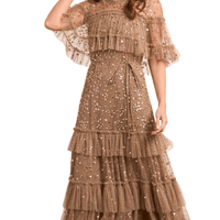 Leila Dot Tiered Cape Ankle Gown Brown by Needle & Thread - Rental Hong Kong