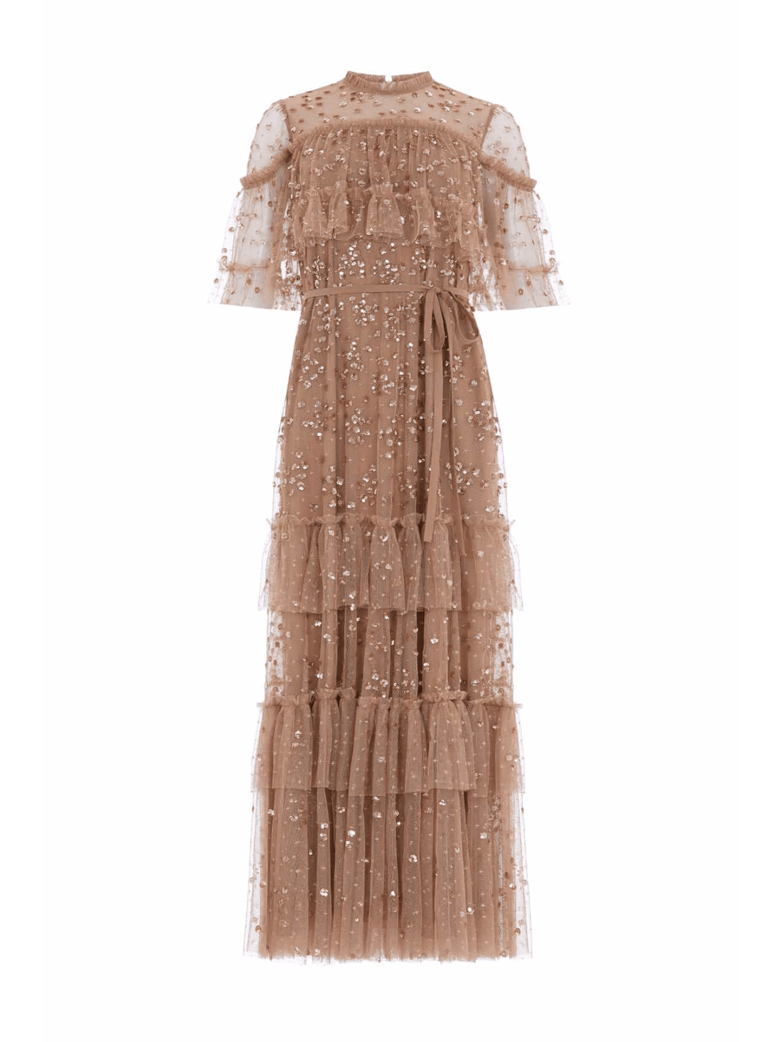 Leila Dot Tiered Cape Ankle Gown Brown by Needle & Thread - Rental Hong Kong