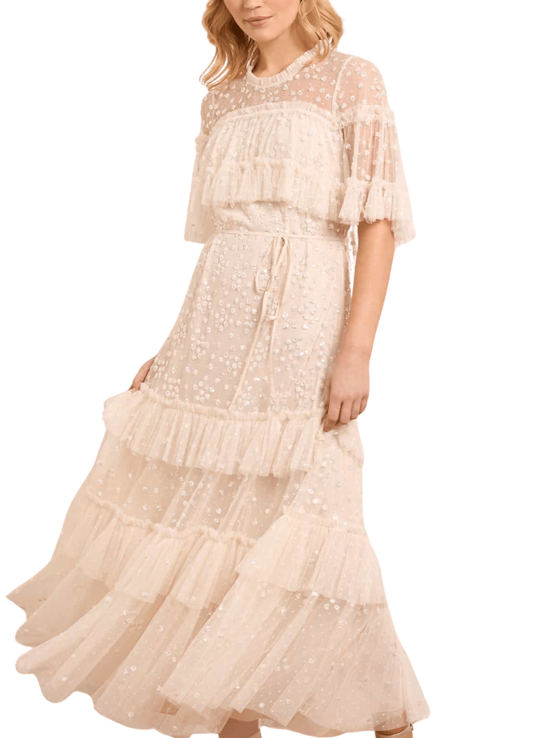 Leila Dot Tiered Cape Ankle Gown Champagne by Needle & Thread - Rental Hong Kong