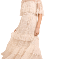 Leila Dot Tiered Cape Ankle Gown Champagne by Needle & Thread - Rental Hong Kong