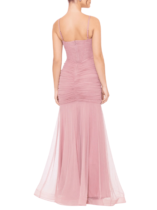 Long Mesh Corset Rouched Mermaid Dress Pink by Blondie Nites - Rental Hong Kong