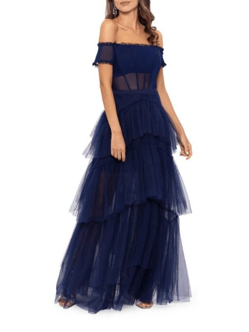 Off Shoulder Tiered Ball Gown by Betsy and Adam - Rental Hong Kong