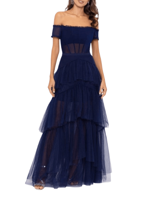 Off Shoulder Tiered Ball Gown by Betsy and Adam - Rental Hong Kong