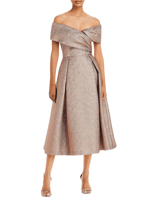 Off The Shoulder Metallic Midi Dress Rosegold by Teri Jon by Rickie Freeman - Rental Hong Kong