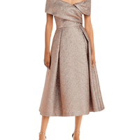 Off The Shoulder Metallic Midi Dress Rosegold by Teri Jon by Rickie Freeman - Rental Hong Kong