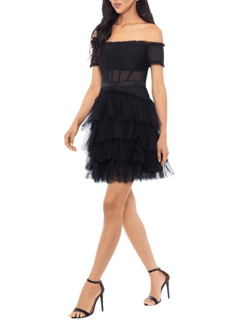 Off the Shoulder Tiered Mesh Short Dress Black by Betsy and Adam - Rental Hong Kong