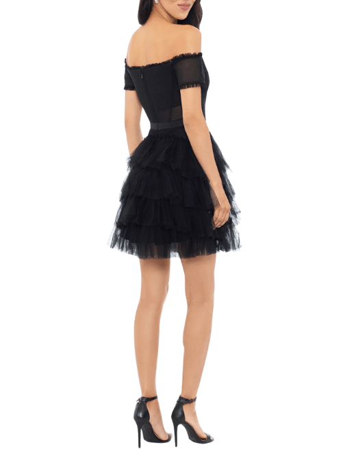 Off the Shoulder Tiered Mesh Short Dress Black by Betsy and Adam - Rental Hong Kong