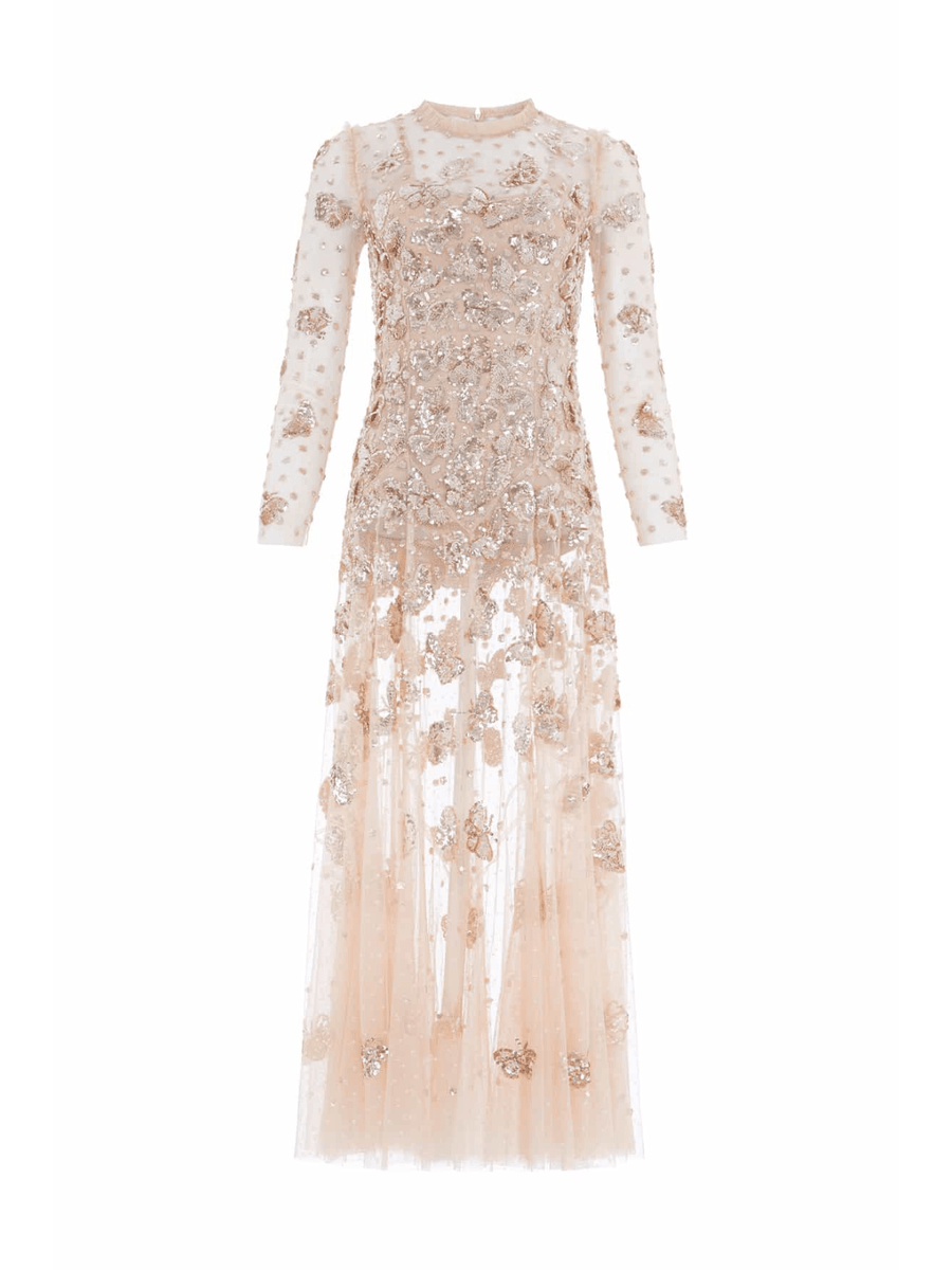 Papillon Sheer Ankle Gown in Elegant Champagne Shade  Mrs1000Dress