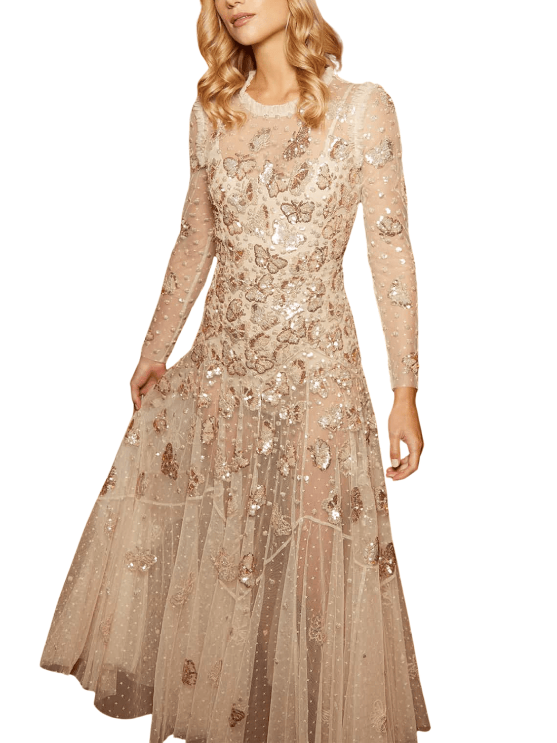 Papillon Sheer Ankle Gown Champagne by Needle & Thread - Rental Hong Kong