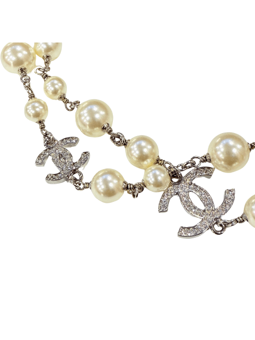 Pearly White with CC Silver Crystal Logo Long Necklace Silver by Chanel - Rental Hong Kong