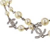 Pearly White with CC Silver Crystal Logo Long Necklace Silver by Chanel - Rental Hong Kong