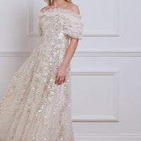 Confetti Ruffle Off-Shoulder Gown Champagne