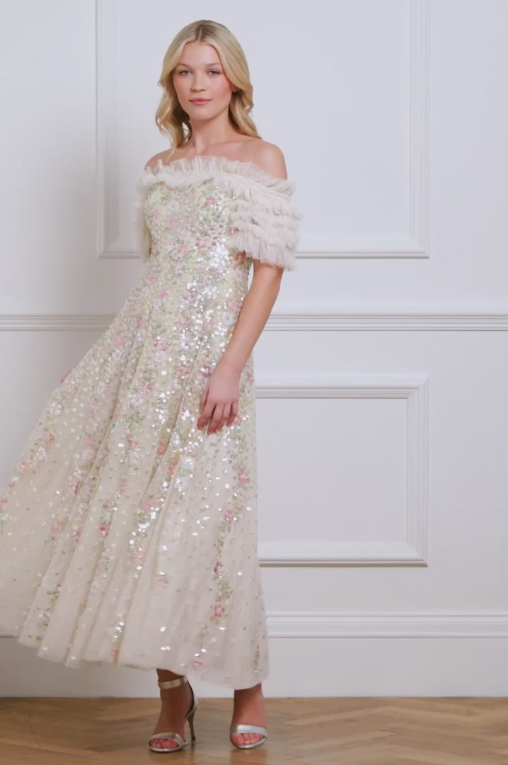 Confetti Ruffle Off-Shoulder Gown Champagne