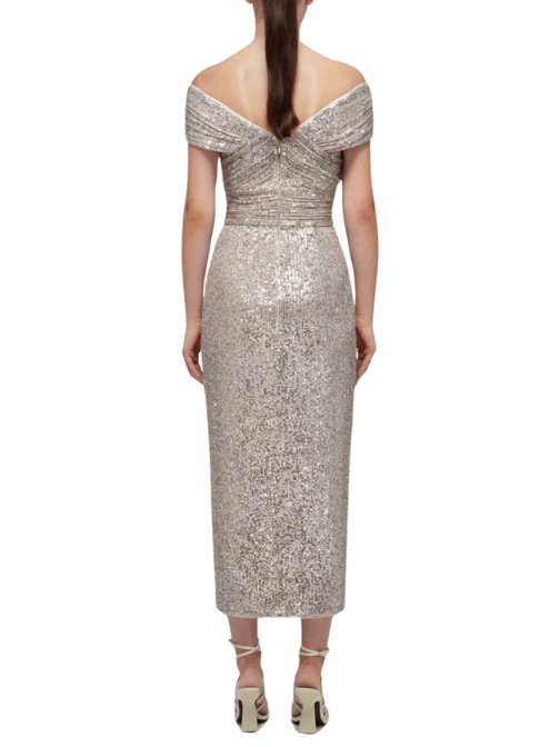 Sequin Off Shoulder Wrap Midi Dress Gold by Self Portrait - Rental Hong Kong