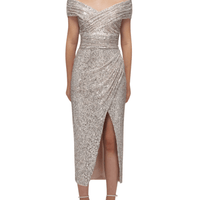Sequin Off Shoulder Wrap Midi Dress Gold by Self Portrait - Rental Hong Kong