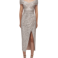 Sequin Off Shoulder Wrap Midi Dress Gold by Self Portrait - Rental Hong Kong