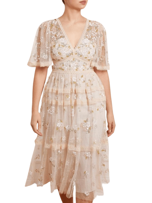 Shimmer Primrose Midi Dress Champagne by Needle & Thread - Rental Hong Kong