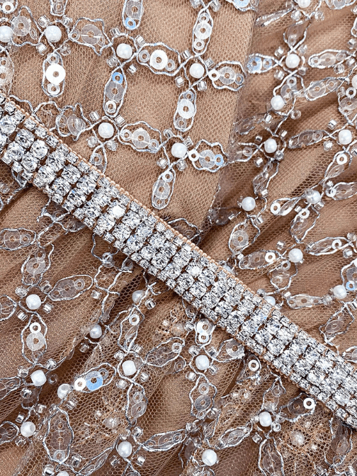 Tan Grid Sequin Tiered Midi Dress Beige by Self Portrait - Rental Hong Kong