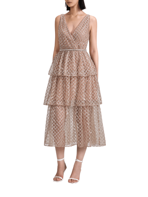 Tan Grid Sequin Tiered Midi Dress Beige by Self Portrait - Rental Hong Kong