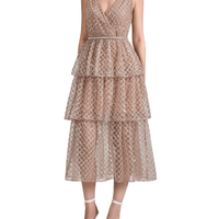 Tan Grid Sequin Tiered Midi Dress Beige by Self Portrait - Rental Hong Kong