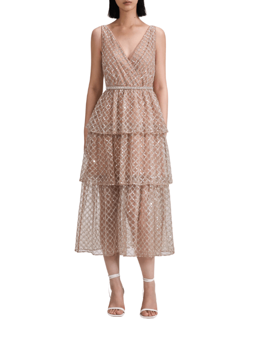 Tan Grid Sequin Tiered Midi Dress Beige by Self Portrait - Rental Hong Kong