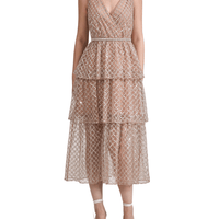 Tan Grid Sequin Tiered Midi Dress Beige by Self Portrait - Rental Hong Kong